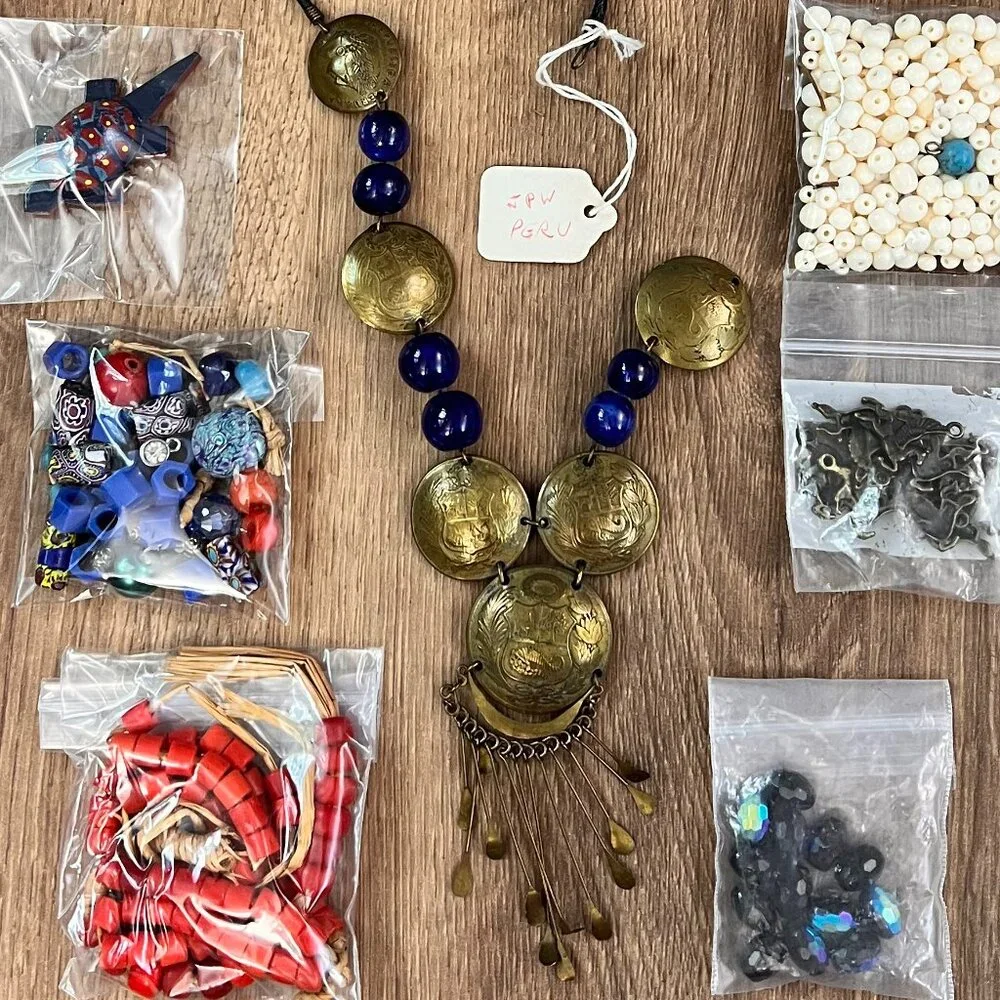 Bead Jewelry Making Craft Lot- Stone, Glass, Metal  Peruvian Necklace